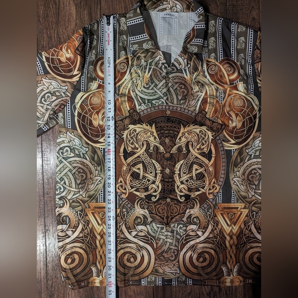 Hawalili Mens Button Down Shirt Brown & Gold Dragon Print Size 2XL Unique! - Picture 10 of 16